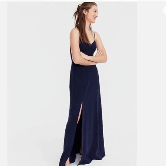 J Crew Drapey Spaghetti-strap Dress with Side-slit Navy - Picture 1 of 8